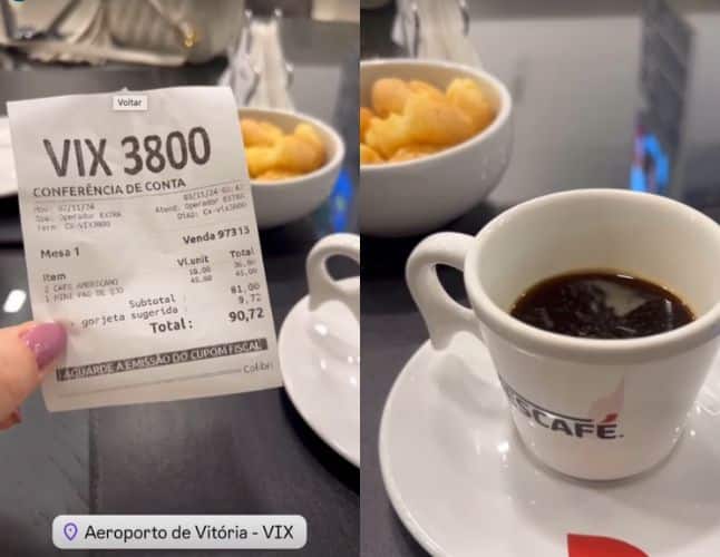 DINHEIRO“Cafezinho” a R$ 90 no Aeroporto de Vitória gera indignação nas redes